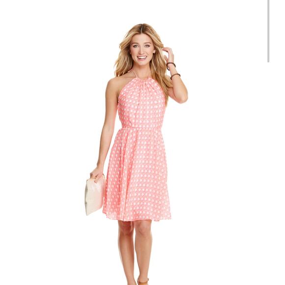 Vineyard Vines Neon Pink Silk Cane Print Halter Dress - Picture 1 of 8
